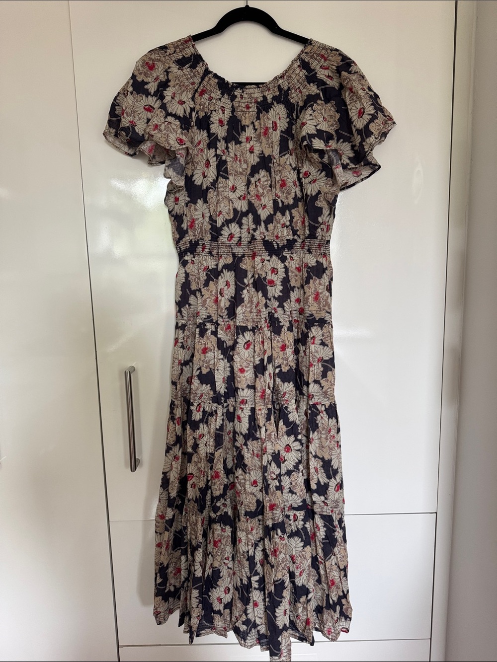 THE GREAT. Navy Floral Maxi Dress with Cream Flowers and Red Dots